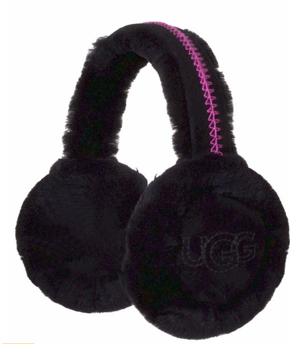 UGG Women OS Black Pink Shearling Sheepskin Embroidered Earmuffs Logo NWT + Box main image 6